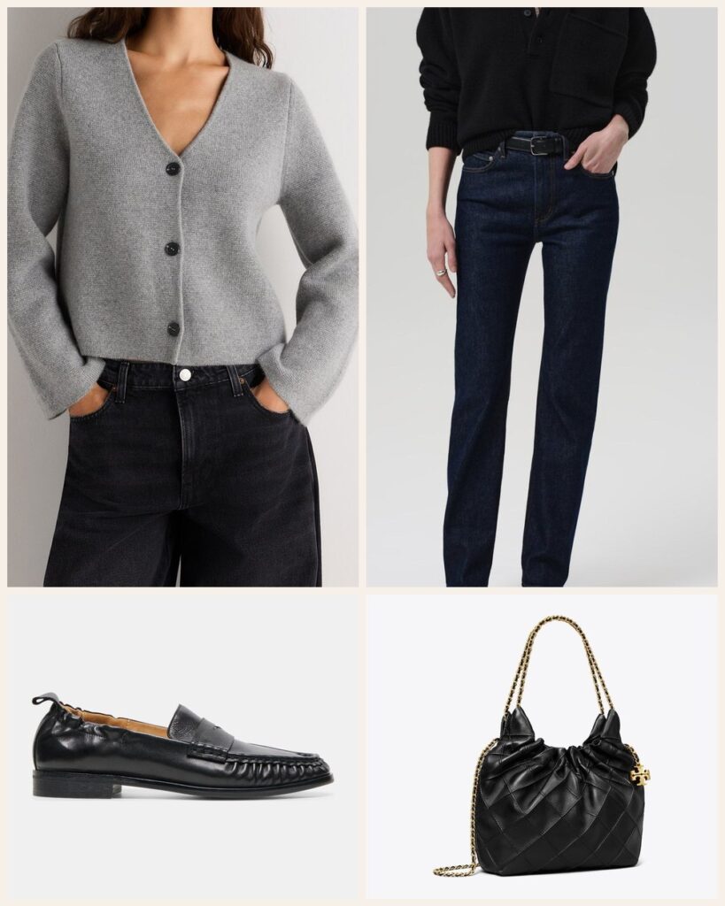 The Easy Friday: A Grey Cashmere Cardigan With Dark Jeans and Loafers outfit: Quince Mongolian Cashmere Structured V-Neck Cardigan, Citizens of Humanity Zurie Straight, Dolce Vita Ramzie Loafers, Tory Burch Mini Fleming Soft Hobo Bag