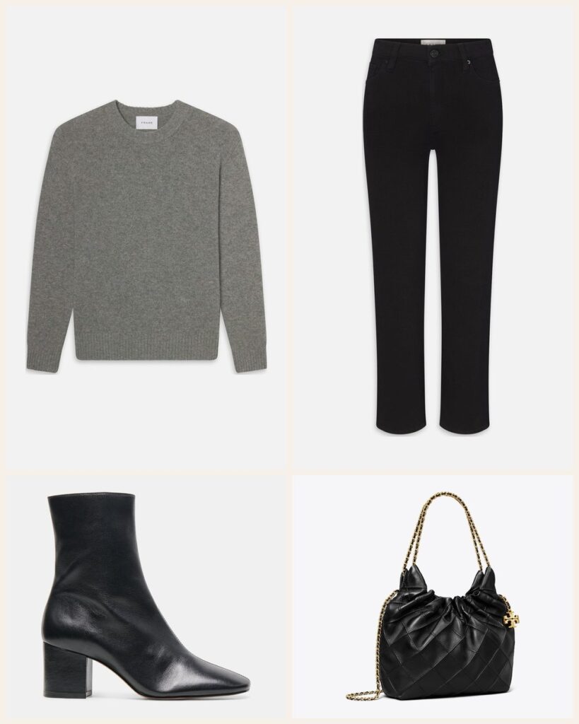 The Everyday Uniform: A Grey Cashmere Crew With Black Jeans and Ankle Boots outfit: FRAME Cashmere Crewneck Sweater, FRAME Le Sleek Straight, Dolce Vita Feya Booties, Tory Burch Mini Fleming Soft Hobo Bag