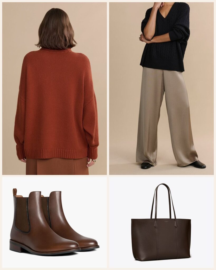 The Fall Color Story: A Rust Turtleneck With Olive Wide Leg Pants outfit: Jenni Kayne Cashmere Porter Turtleneck, Jenni Kayne Demi Pant, Thursday Boots Duchess Chelsea Boot, Tory Burch Perry Tote