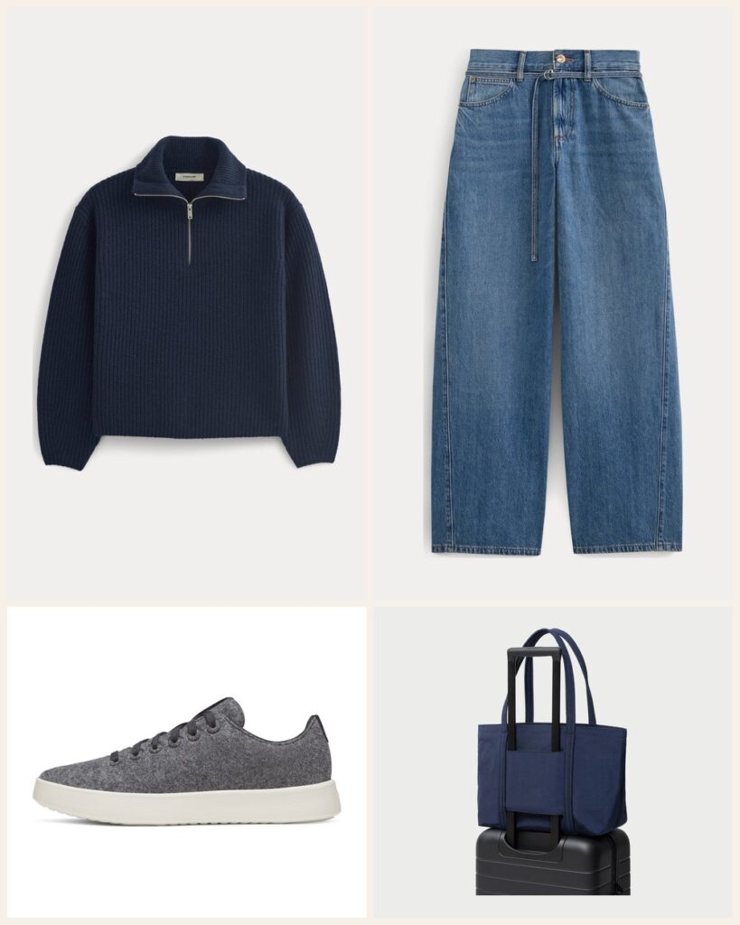 The Weekend Errand Run: A Navy Half Zip With Comfy Wool Sneakers outfit: Everlane The Half-Zip Sweater in Luxe Merino, Everlane Lightweight Loose Wide-Leg Jean, Allbirds Women's Wool Cruiser, Loeffler Randall Mira Everyday Tote