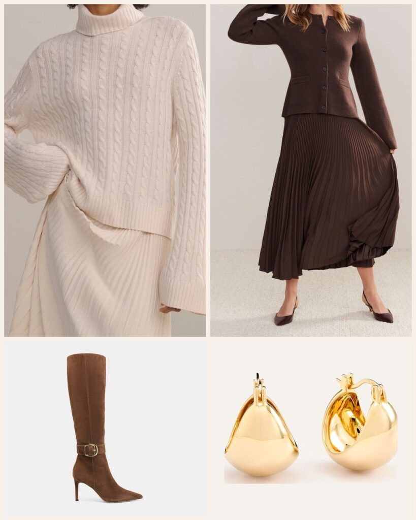 The Thanksgiving Table: An Ivory Cable Turtleneck With a Pleated Chocolate Skirt outfit: Jenni Kayne Cable Nell Turtleneck, Jenni Kayne Pleated Skirt, Dolce Vita Kinzy Narrow Calf Boots, Quince Globe Boho Hoops