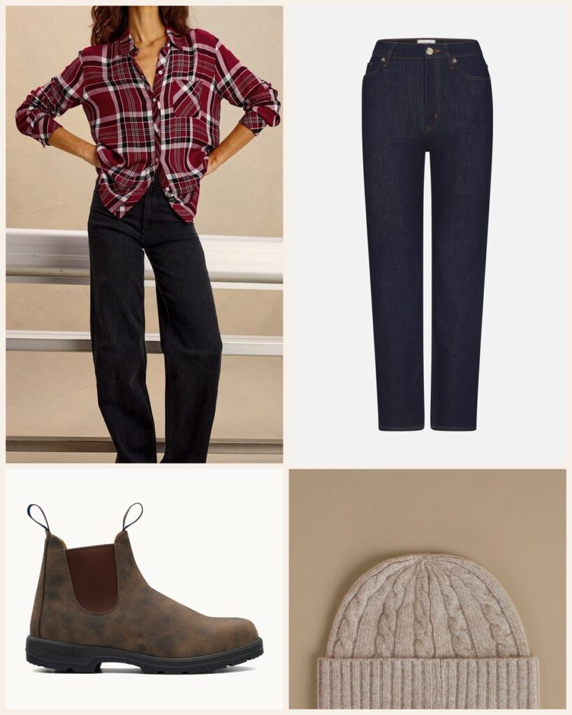 The Apple Orchard Outing: A Red Plaid Shirt With Rugged Chelsea Boots outfit: Rails Hunter Shirt, FRAME Le Sleek Straight, Blundstone Women's Thermal #584, Jenni Kayne Cashmere Cable Beanie