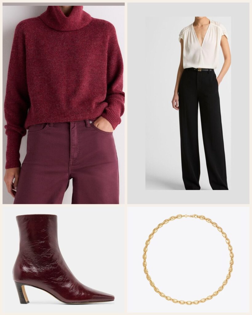 The Moody Dinner Out: An Oxblood Turtleneck With Matching Heeled Booties outfit: Quince Lightweight Baby Alpaca Turtleneck, Vince Elsa High-Rise Crepe Straight-Leg Trouser, Dolce Vita Nesly Booties, Tory Burch Gemini Link Delicate Necklace