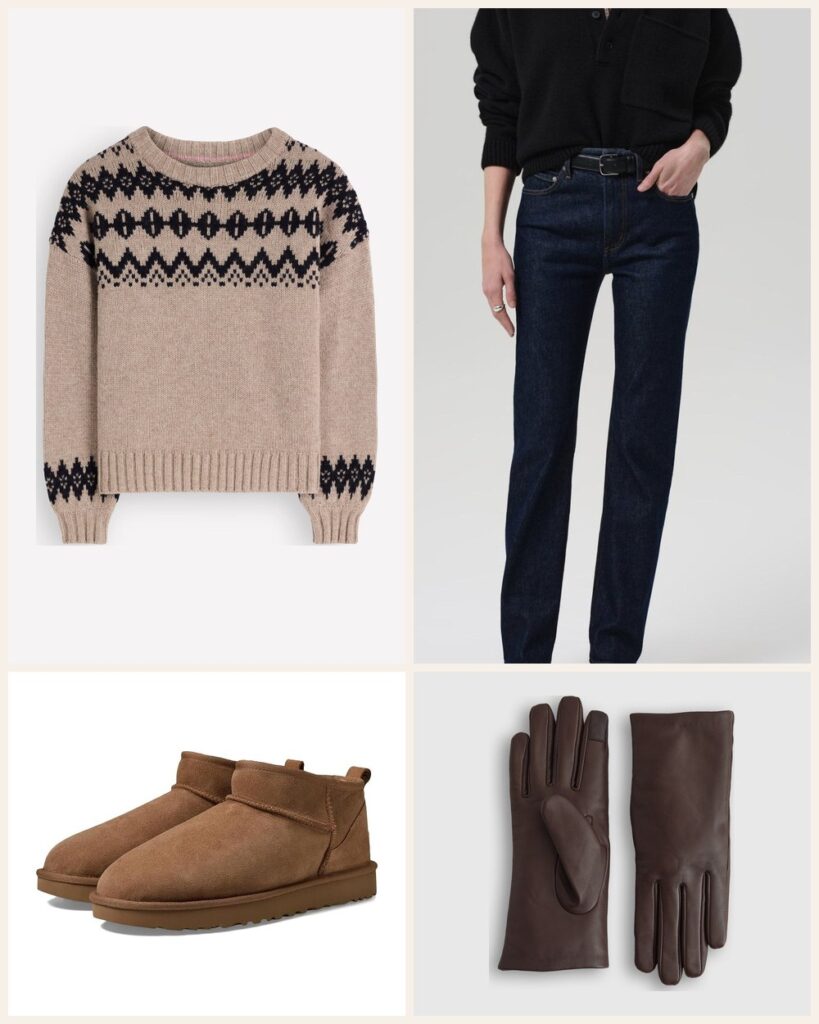 The Ski Lodge Coffee Run: A Fair Isle Sweater With Sheepskin Mini Boots outfit: Boden Chunky Fair Isle Sweater, Citizens of Humanity Zurie Straight, UGG Classic Ultra Mini Boot, Quince Cashmere Lined Leather Gloves