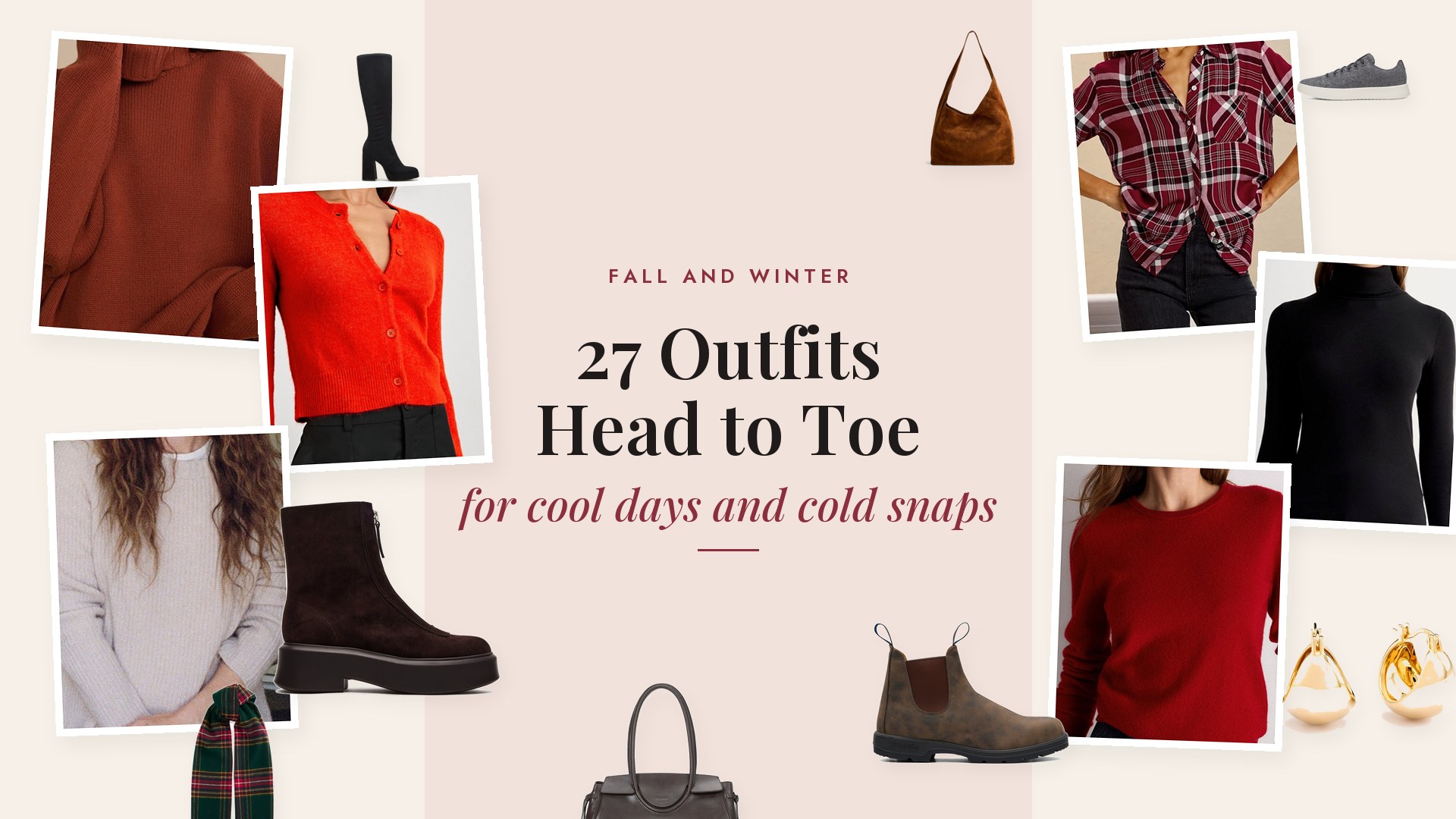 Collage of fall and winter outfits for women, including a camel crewneck with cream wide leg jeans, a rust cashmere turtleneck with olive pants, a navy roll neck with brown cords and a red plaid shirt with dark jeans and brown boots.