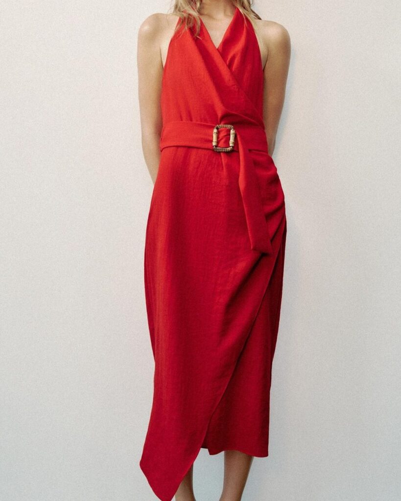 Zara Belted Wrap Midi Dress in Red